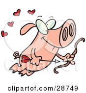 Clipart Illustration Of A Cute Pink Cupid Pig Flying With A Bow And Arrow Surrounded By Red Hearts by toonaday