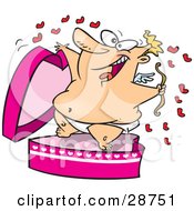 Clipart Illustration Of A Chubby Cupid Leaping Out Of A Pink Heart Surprise Box Surrounded By Little Red Hearts