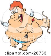 Chubby Male Cupid With Red Hair Flapping His Tiny Wings Winking And Smiling While Flying With A Bow And Arrow