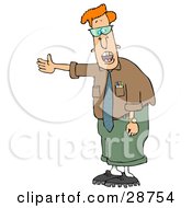 Clipart Illustration Of A Geeky Red Haired Man In Glasses Talking And Holding His Arm Out To The Left