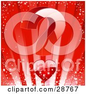 Poster, Art Print Of Big Red Question Mark With A Heart As The Lower Portion Over A Sparkling Bursting Red Background With Stars