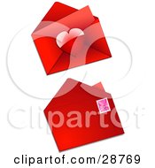 Clipart Illustration Of The Front And Back Sides Of A Red Valentine Envelope With A Heart Sticker And A Pink Disco Heart Postage Stamp