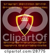 Clipart Illustration Of A Red And Gold Heraldic Shield With A Ruby Studded Crown On A Medieval Background With Yellow Latin Text