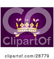 Clipart Illustration Of A Golden Kings Or Queens Crown With Purple Jewels Over A Deep Purple Background With Diagonal Lines And A Silhouetted Crown by elaineitalia #COLLC28779-0046