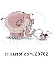 Clipart Illustration Of A Little Mouse Holding A Whip And A Tiny Hoop Instructing A Giant Elephant To Jump Through The Ring During A Circus Show by gnurf #COLLC28782-0050