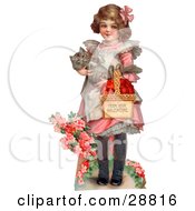Vintage Valentine Of A Sweet Little Girl Carrying A Basket Of Red Hearts And A Cat In Her Arms Walking In A Flower Garden Circa 1885