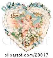 Poster, Art Print Of Vintage Valentine Of Cupid With Ribbons Prancing In White Lily Of The Valley Flowers On A Lacy Heart With Forget Me Not Flowers Circa 1890