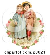 Poster, Art Print Of Vintage Valentine Of A Sweet Little Boy And Girl Strolling Arm In Arm Looking Off To The Side Circled By A Heart Of Pink Roses Circa 1886
