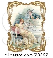Poster, Art Print Of Vintage Valentine Of A Man Holding A Flower And Looking Over A Patio Wall Admiring A Young Lady Bordered By Golden Flowers Circa 18th Century
