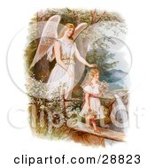 Clipart Picture Of A Vintage Valentine Of A Female Guardian Angel Looking Over A Little Girl As She Carries Flowers And A Basket Across A Log Over A Cliff And River Circa 1890 by OldPixels #COLLC28823-0072
