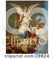 Clipart Picture Of A Vintage Valentine Of A Female Guardian Angel Watching Over A Little Boy And Girl As They Pick Flowers And Chase Butterflies At The Edge Of A Cliff Circa 1890 by OldPixels #COLLC28824-0072