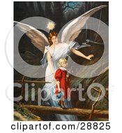 Clipart Picture Of A Vintage Valentine Of A Female Guardian Angel Guiding A Little Girl In A Red Dress Across A Dangerous Log Bridge Over A Gorge Circa 1890 by OldPixels #COLLC28825-0072