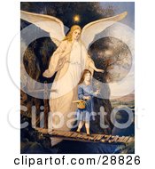 Poster, Art Print Of Vintage Valentine Of A Female Guardian Angel Protecting A Little Girl As She Crosses A Gorge On A Narrow Bridge Carrying A Basket And Flowers Circa 1890