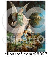 Poster, Art Print Of Vintage Valentine Of A Female Guardian Angel Watching Over Two Little Children As They Play With A Ball And Hoop At The Edge Of A Cliff Circa 1890
