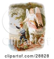 Poster, Art Print Of Vintage Valentine Of A Female Guardian Angel Watching Over A Little Boy As He Picks Flowers And Chases Butterflies At The Edge Of A Cliff Circa 1890