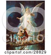 Clipart Picture Of A Vintage Valentine Of A Female Guardian Angel Protecting A Little Girl And Her Brother As They Cross Over A River On A Narrow Broken Bridge Circa 1890 by OldPixels #COLLC28829-0072
