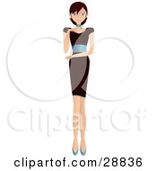 Clipart Illustration Of A Sexy Tall Brunette Caucasian Woman In A Little Black Dress With A Blue Band Around The Waist Walking Forward In Blue Heels