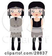 Clipart Illustration Of Two Black Haired Female Paper Dolls In Brown And Black Tights Coats And Dresses