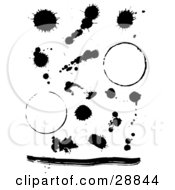 Clipart Illustration Of A Set Of Black Ink Splatters A Line And Two Ring Stains On A White Background