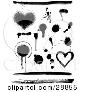 Elements Set Of Hearts Circles Lines And Ink Splatters In Black And White