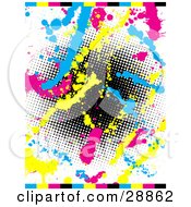 White Background With A Gradient Black Dotted Circle Surrounded By Blue Pink And Yellow Paint Splatters And Colorful Bars On The Top And Bottom