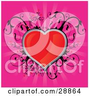 Poster, Art Print Of Shiny Red Heart Traced In Silver With Black Vines Growing Around It Over A Bursting Pink Background