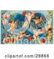 Poster, Art Print Of Vintage Valentine Of Five Playful Cupids With Roses Decorated To My Valentine Text With Red Hearts Circa 1911
