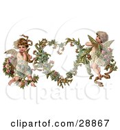 Clipart Picture Of A Vintage Valentine Of Two Adorable Cupids With Roses Beside A Gilded Forget Me Not Valentine Heart Wreath by OldPixels #COLLC28867-0072
