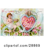 Poster, Art Print Of Vintage Valentine Of Three White Doves Flying Around Cupid Aiming An Arrow At A Heart Made Of Pink Poppies And Blue Forget Me Nots Circa 1910