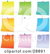 Clipart Illustration Of A Set Of Yellow Green Blue Orange White Pink And Purple Blank Pieces Of Note Paper Tacked To A Board by Tonis Pan