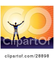 Clipart Illustration Of A Shiny Blue Silhouetted Man Holding His Arms Out In Front Of The Sun And Standing On Mountains Symbolizing Freedom And Worship