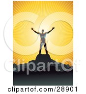 Clipart Illustration Of A Shiny Man Silhouetted In Gray Standing On Top Of A Mountain And Embracing The Warmth Of The Sunlight Symbolizing Freedom And Worship