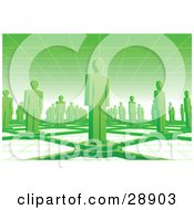 Clipart Illustration Of Green People Standing On Circles Connected By Bars Between A Grid Floor And Ceiling