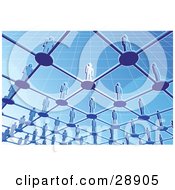 Clipart Illustration Of A View From Below Of Blue People Standing On Circles Connected By Bars In A Grid