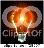 Poster, Art Print Of Clear Light Bulb Emitting Bright Orange Light With A Flare In The Center Over Black Symbolizing Creativity And Energy