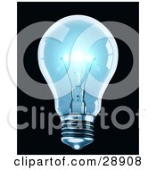 Poster, Art Print Of Clear Blue Light Bulb Shining Brightly With Reflections On The Glass Over A Black Background