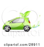 Green Compact Car Running Off Of Bio Fuel With Leaves On The Roof And Leaves Coming Out Of The Exhaust