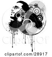 Clipart Illustration Of A Smiling Mans Face In Profile Looking Upwards In A Grunge Cluster Of Black And White Circles Drips And Splatters Over White