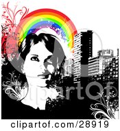 Clipart Illustration Of A Young Woman Looking Upwards Over A Background Of City Buildings With Vines Grunge And A Rainbow