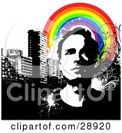 Clipart Illustration Of An Urban Man Looking Upwards On A Grunge Background Of Black And White City Buildings And A Colorful Rainbow