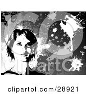 Clipart Illustration Of A Woman Looking Upwards Over A Gray Background With White And Black Grunge Splatters