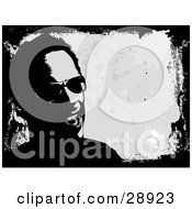 Clipart Illustration Of A Happy Man Wearing Shades Laughing Over A Gray Background Bordered By Black Grunge