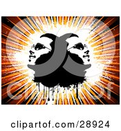 Clipart Illustration Of A Mans Head Doubled And Back To Back Looking Up In Opposite Directions And Smiling With White And Black Dripping Grunge On A Bursting Orange Background