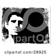 Clipart Illustration Of A Friendly Mans Face Partially Silhouetted Against A Black Background Bordered By White Grunge
