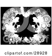 Clipart Illustration Of A Mans Head Doubled Like A Reflection Facing In Opposite Directions Over A Grunge Background Of White Circles And Splats Over Black