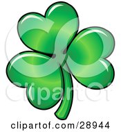 Clipart Illustration Of Green Three Leaved Shamrock Clover Leaf With Light Reflecting Off Of The Heart Shaped Petals