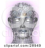 Chrome Wire Head With Glowing Eyes And Gears Working In The Brain Symbolizing Creativity Artificial Intelligence And Knowledge
