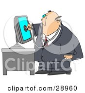 Chubby Computer Repair Doctor Holding A Stethoscope Up To A Computer Monitor