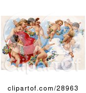 Vintage Valentine Of A Group Of Playful Cherubs In The Clouds Of Heaven Decorating A Red Heart In Floral Garlands Circa 1909