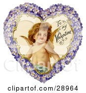 Vintage Valentine Of Cupid Smiling Inside A Purple Floral Forget Me Not Heart Circa 1890